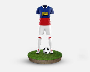 Liechtenstein soccer player standing on football grass, wearing a national flag uniform. Football concept. championship and world cup theme.