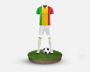 Mali soccer player standing on football grass, wearing a national flag uniform. Football concept. championship and world cup theme.