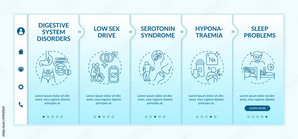 Aufkleber antidepressant drugs side effects onboarding vector template. digestive system disorder. hyponatraem