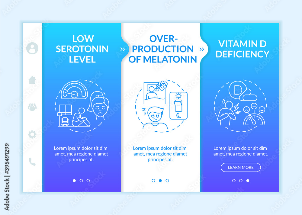 Poster seasonal affective disorder causes onboarding vector template. melatonin overproduction. low seroton