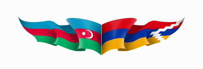 Nagorno-Karabakh and Azerbaijan flags state symbols isolated on background national banner. war for independence of Artsakh Nagorno-Karabakh, Azerbaijan. Illustration banner with realistic state flag.