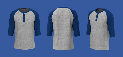 Blank raglan henley t-shirt with half sleeve mockup, front view, design presentation for print, 3d illustration, 3d rendering