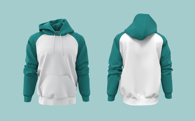 Blank hooded sweatshirt mockup for print, isolated on blue background, 3d rendering, 3d illustration