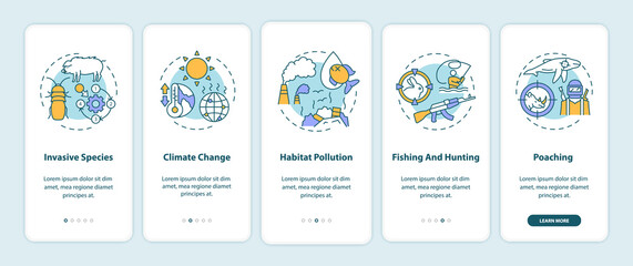 Environmental damage onboarding mobile app page screen with concepts. Ecology. Biodiversity loss walkthrough 5 steps graphic instructions. UI vector template with RGB color illustrations