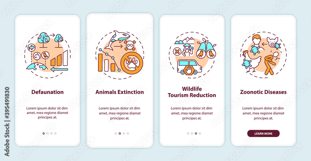 Poster Nature damage onboarding mobile app page screen with concepts. Species population extinction. Animal abuse walkthrough 5 steps graphic instructions. UI vector template with RGB color illustrations