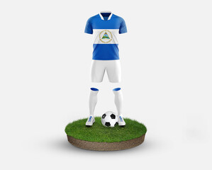 Nicaragua soccer player standing on football grass, wearing a national flag uniform. Football concept. championship and world cup theme.