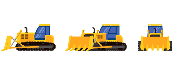 Bulldozer in different angles. Special machinery in cartoon style. © KurArt