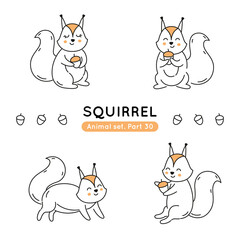 Set of doodle squirrels in various poses. Collection of cute characters isolated.