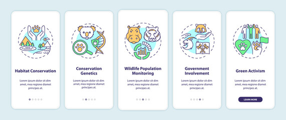 Preserve nature onboarding mobile app page screen with concepts. Habitat conservation. Environment protection walkthrough 5 steps graphic instructions. UI vector template with RGB color illustrations