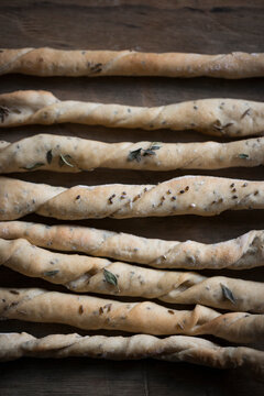 Homemade grissini with thyme, chia seeds and cumin