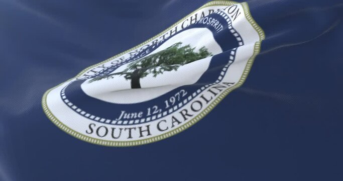 Flag of North Charleston city, South Carolina, United States, waving, slow. Loop
