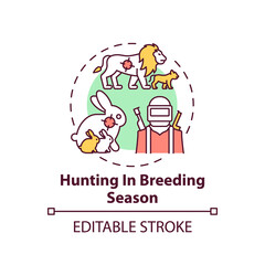 Hunting in breeding season concept icon. Illegal animal cruelty. Aim at lion, rabbit. Wildlife conservation idea thin line illustration. Vector isolated outline RGB color drawing. Editable stroke