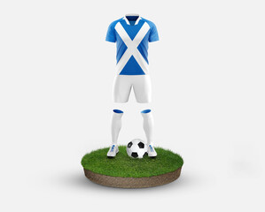 Scotland soccer player standing on football grass, wearing a national flag uniform. Football concept. championship and world cup theme.