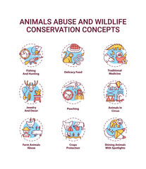 Animal abuse and wildlife conservation concept icons set. Harm to ecosystem. Environmental protection idea thin line RGB color illustrations. Vector isolated outline drawings. Editable stroke