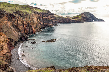Fototapeta na wymiar View of rocky cliffs clear water of Atlantic Ocean at Ponta de Sao Lourenco, the island of Madeira, Portugal