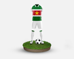 Suriname soccer player standing on football grass, wearing a national flag uniform. Football...