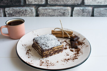 Delicious biscuit cake with chocolate.
