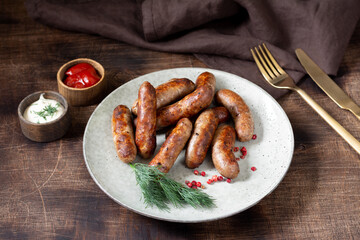 Bavarian sausages. Pork sausages in a plate on a brown wooden table. Delicious Nuremberg sausages	