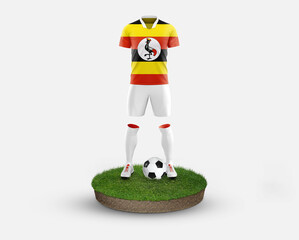 Uganda soccer player standing on football grass, wearing a national flag uniform. Football concept....