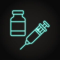 Neon vaccine bottle and syringe icon in line style