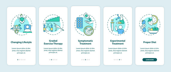 CFS treatment onboarding mobile app page screen with concepts. Changing lifestyle, symptomatic treatment walkthrough 5 steps graphic instructions. UI vector template with RGB color illustrations