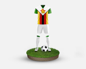 Zimbabwe soccer player standing on football grass, wearing a national flag uniform. Football concept. championship and world cup theme.