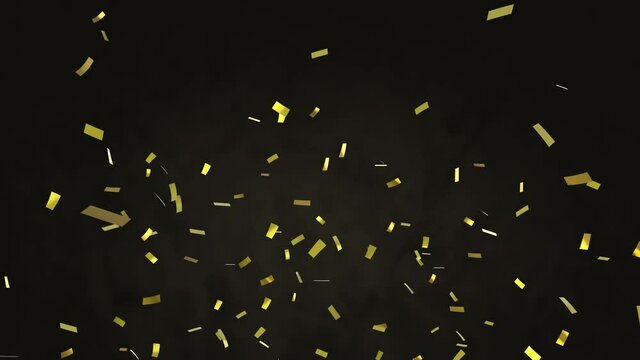 Animation of gold confetti falling over clouds on grey background