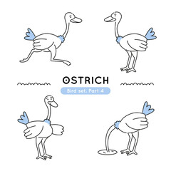 Set of doodle ostriches in various poses. Collection of cute characters isolated.