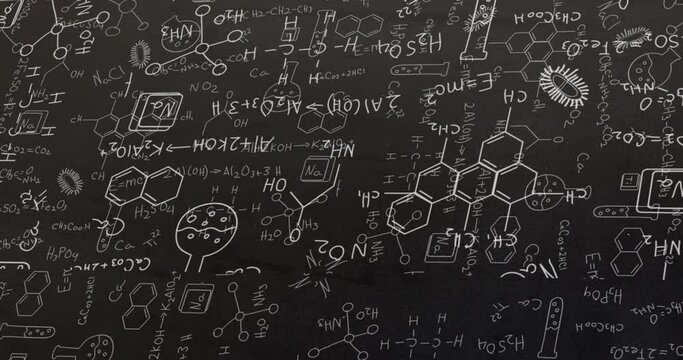 Animation of white structural formulae of chemical compounds on blackboard