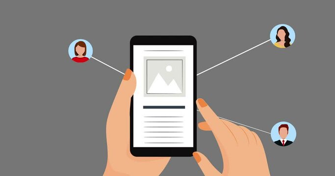 Animation of person using smartphone and network of people icons