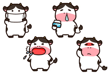 牛のキャラクターと風邪の症状セット