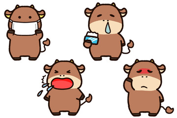 牛のキャラクターと風邪の症状セット