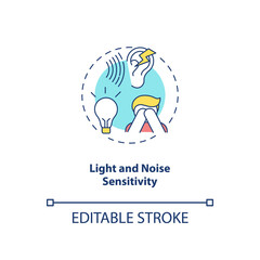 Light and noise sensitivity concept icon. Generalized hypervigilance idea thin line illustration. Photophobia, hypersensitivity. CFS symptom. Vector isolated outline RGB color drawing. Editable stroke