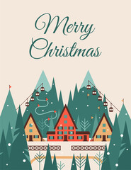 Fototapeta premium Merry Christmas card with Winter landscape of ski resort town in snowfall. Mountain Village with ski lifts and tracks, country houses, fir trees. Color vector illustration in flat style.