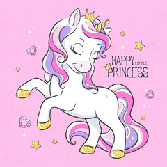 Art. Unicorn princess. Cute unicorn. Digital illustration. Fashion print in modern style. Happy little princess.