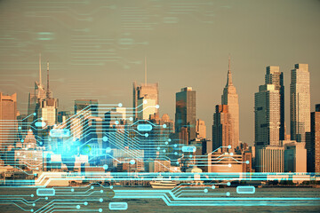 Data theme hologram drawing on city view with skyscrapers background double exposure. Technology concept.