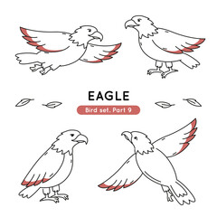 Set of doodle eagles in various poses. Collection of cute characters isolated.