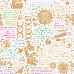 Hand-drawn seamless pattern on the theme of chemistry, biology, genetics, medicine, science, research and education. Abstract vector background with sketches and colored handwritten text lorem ipsum