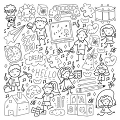 Vector pattern. School and online education. Little boys and girls play and grow together.