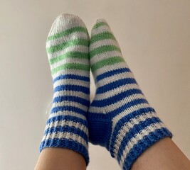 mom's knitting striped white blue socks yarn