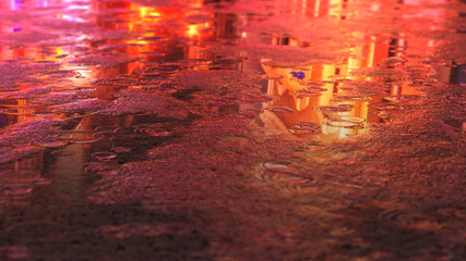 raindrops falling on the asphalt creating ripples in puddles