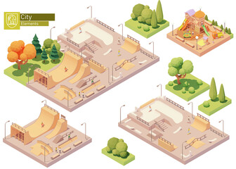 Vector isometric playground and skate park. Modern colorful wooden children playground. Concrete and wooden skatepark for skateboarding. Isometric city or town map construction elements