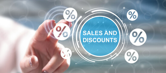 Woman touching a sales and discounts concept