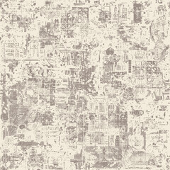 Abstract seamless pattern on the theme of architecture, vintage buildings and houses. Worn-out vector background with hand-drawn architectural elements and old keys in beige and brown colors