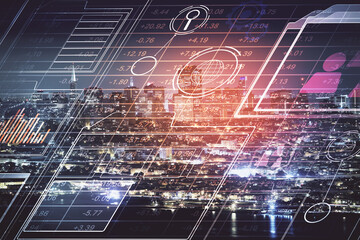 Data theme hologram drawing on city view with skyscrapers background multi exposure. Ai concept.