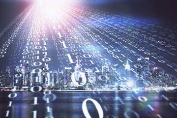 Data theme hologram drawing on city view with skyscrapers background multi exposure. Ai concept.