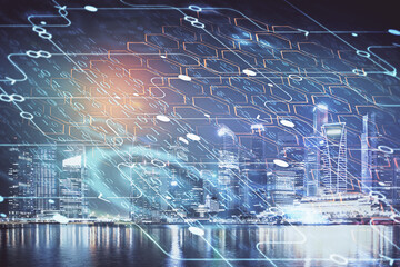 Data theme hologram drawing on city view with skyscrapers background multi exposure. Ai concept.