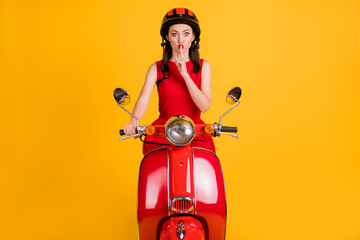Photo of cute pretty lady wear red dress sitting retro bike finger mouth ask not tell secrets...
