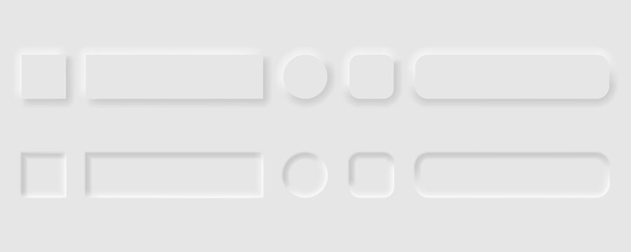 Vector editable neomorphic buttons set. Sliders for websites, mobile menu, navigation and apps. Simple elegant Neomorphism trendy 2020 designs element UI components isolated on white background