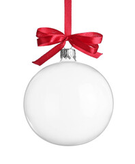 Transparent glass Christmas ball with red ribbon and bow isolated on white